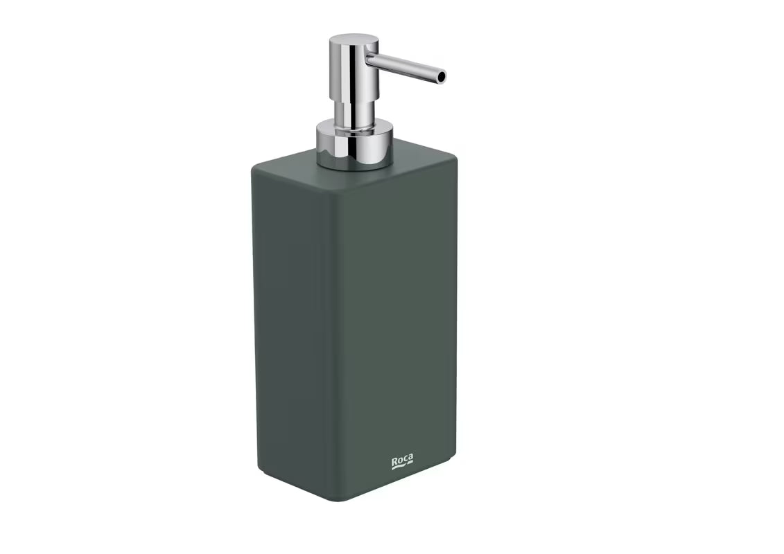 Volně stojící dávkovač mýdla Roca Ona v matné zelené barvě z ABS plastu s objemem 200 ml.