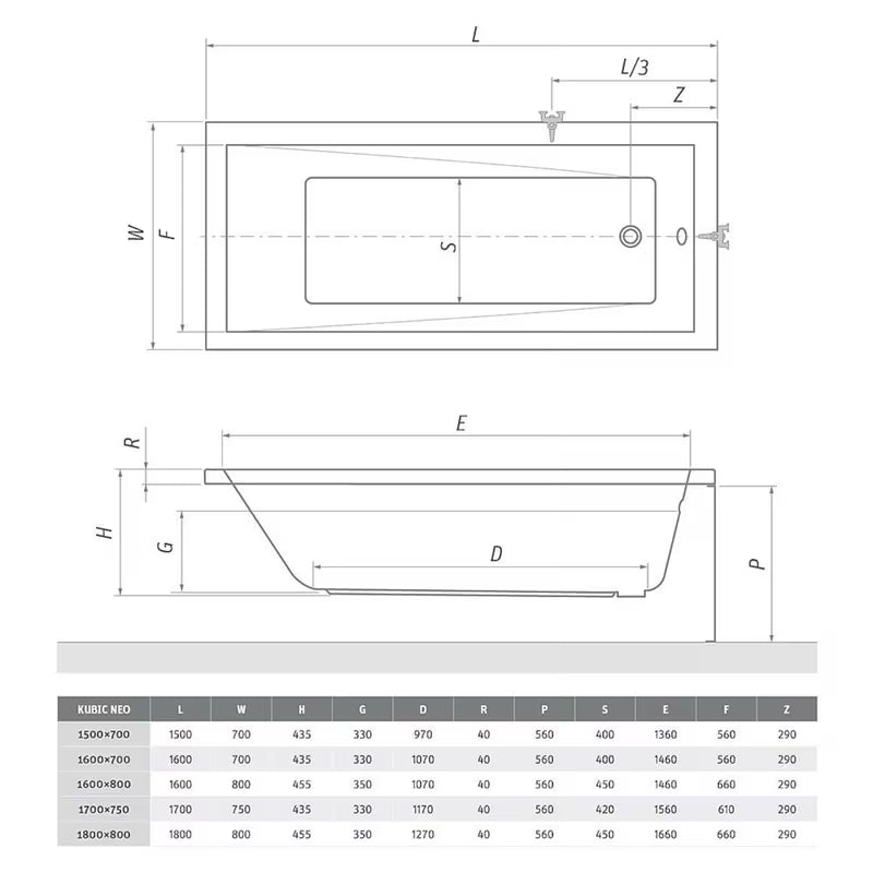 Obdélníková akrylátová vana Roth Kubic Neo 160x80 cm v moderním designu