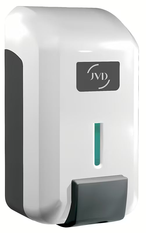 Bílý nástěnný uzamykatelný dávkovač na gelové mýdlo a dezinfekci s nádobkou 700 ml.