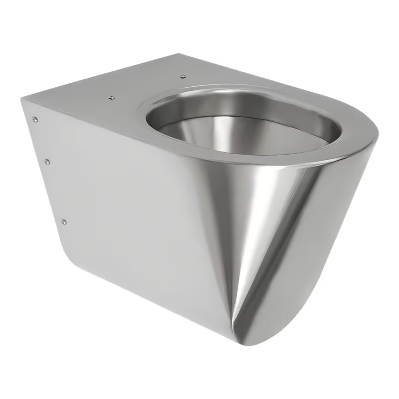 Závěsné nerezové WC Sanela Supersteel v matném antivandal provedení s černým sedátkem.