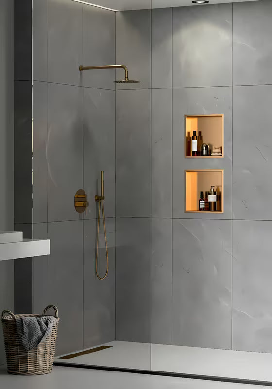 Sprchový výklenek SAT Aurum z nerezové oceli v broušené rose gold barvě s rámem