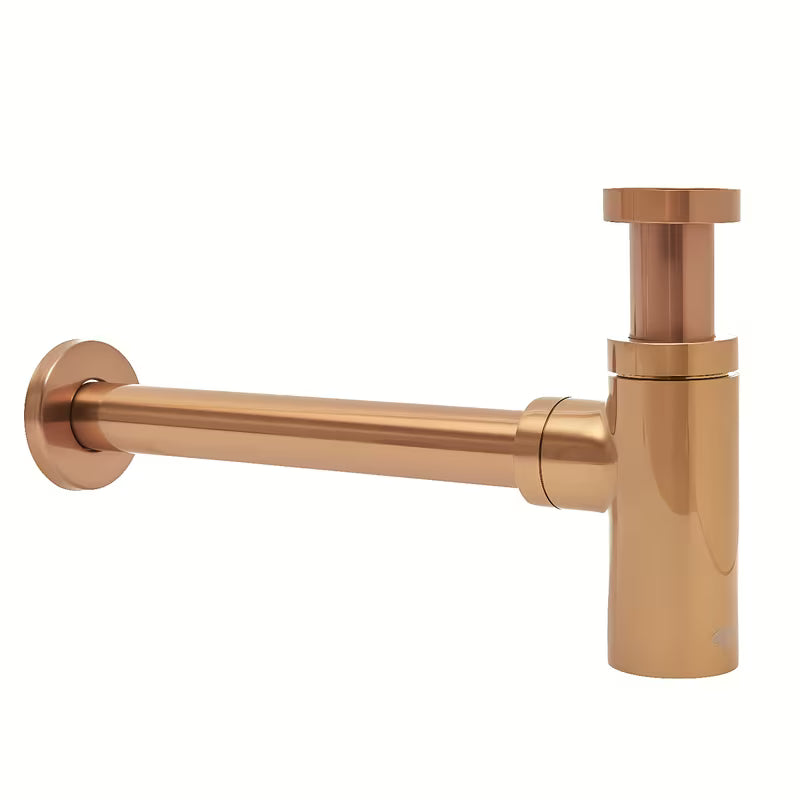 Mosazný umyvadlový sifon SAT Aurum v barvě rose gold s kulatým designem a průměrem 32 mm.