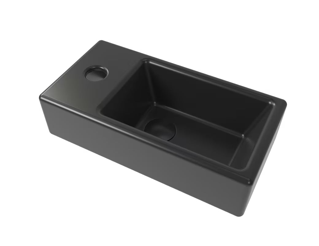 Závěsné umývátko SAT Brevis 40,5x20,5 cm v černé matné barvě s levým otvorem pro baterii.