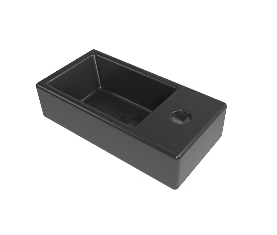 Závěsné keramické umývátko SAT Brevis 40,5x20,5 cm v matné černé barvě s otvorem pro baterii vpravo.