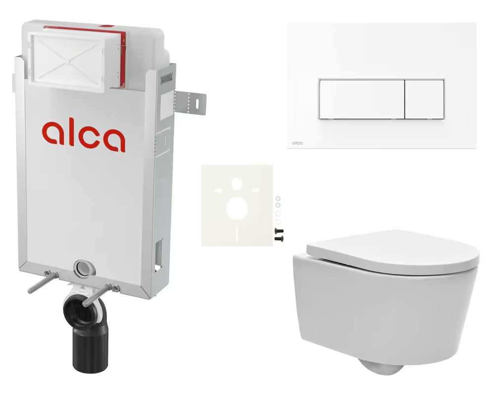 Viseći WC set SAT Brevis s podžbuknim modulom Alca, tipkom za ispiranje i daskom s funkcijom soft Close.