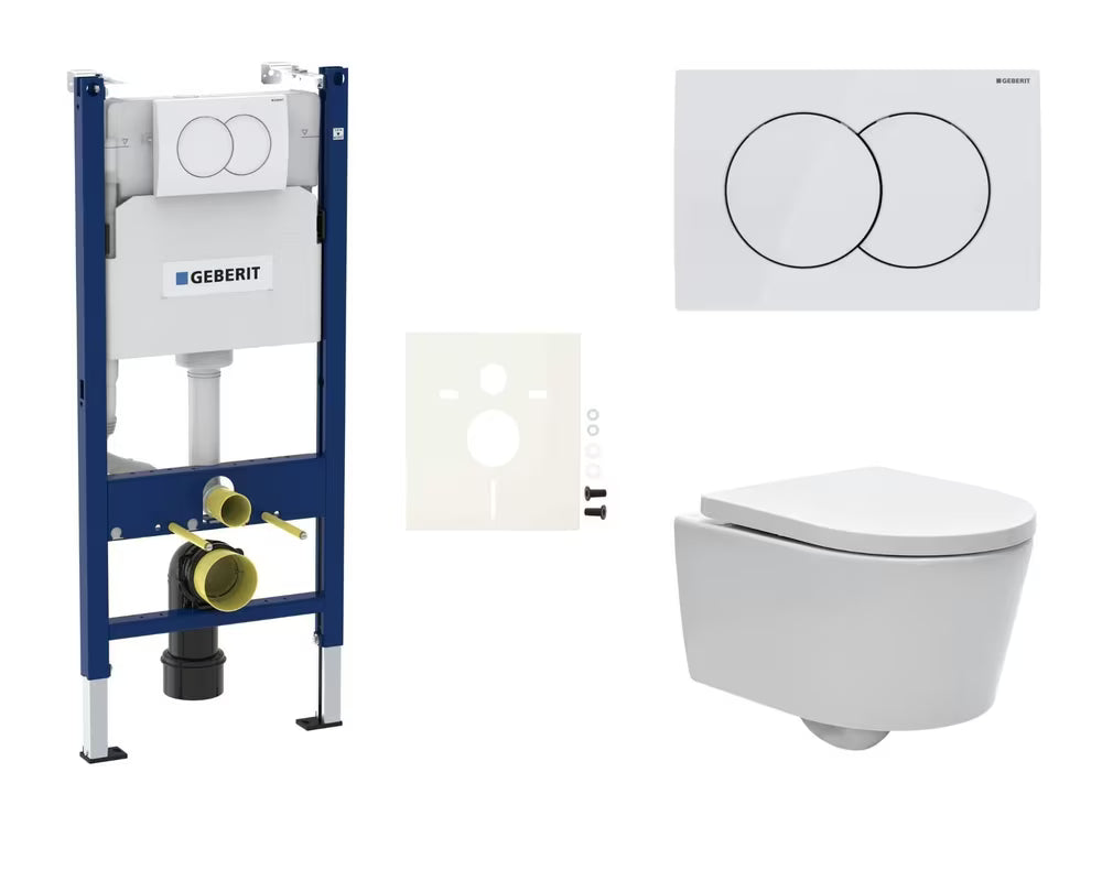 Závěsný WC set SAT Brevis s modulem Geberit, Rimless mísou a sedátkem SoftClose s bílým tlačítkem Delta