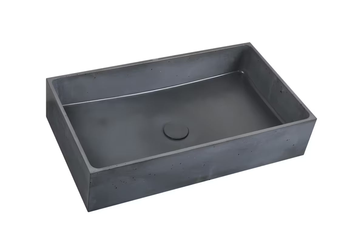 Antracitové betonové umyvadlo na desku SAT Cemento s hranatým tvarem a tenkými stěnami