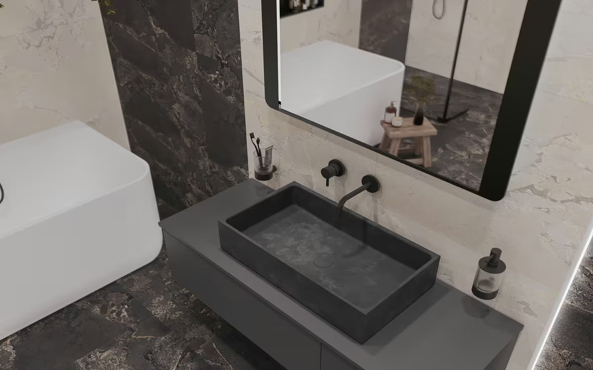 Antracitové betonové umyvadlo na desku SAT Cemento s hranatým tvarem a tenkými stěnami