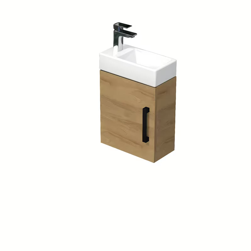 Závěsná koupelnová skříňka SAT Cube Way s keramickým umývátkem v dekoru dub hickory a černou úchytkou.