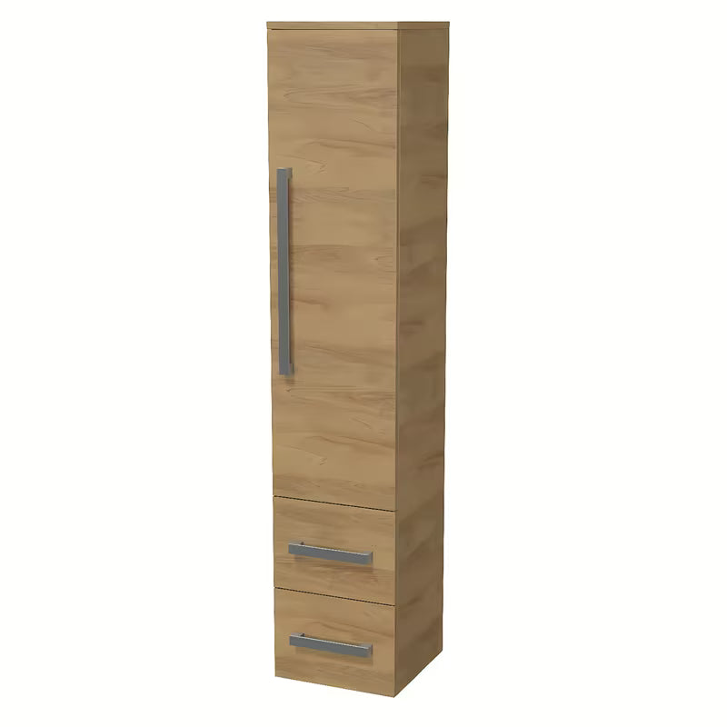 Závěsná vysoká koupelnová skříňka SAT Cube Way v dekoru dub hickory s chromovými úchytkami