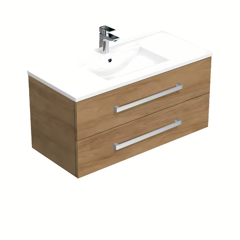 Závěsná koupelnová skříňka s keramickým umyvadlem SAT Cube Way v dekoru dub hickory