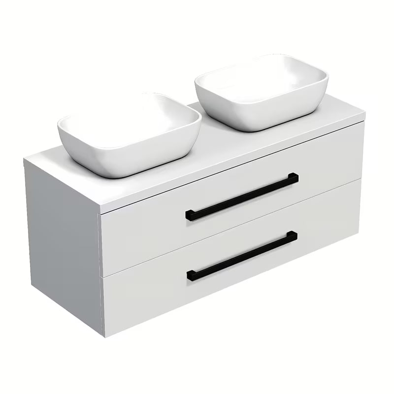 Závěsná koupelnová skříňka SAT Cube Way s krycí deskou v bílém lesku a černými úchytkami