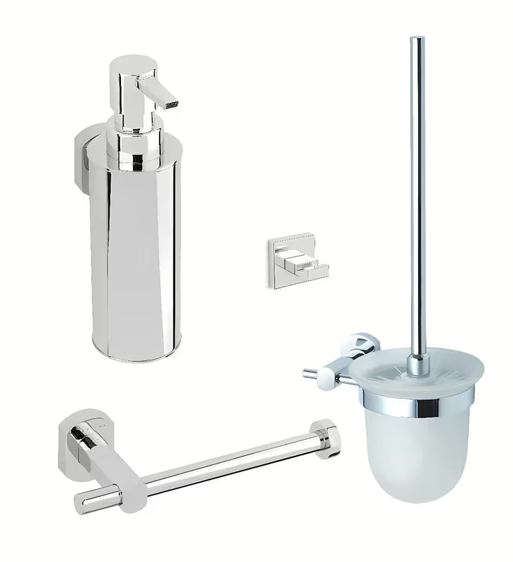 Sada koupelnových doplňků SAT Cube way v moderním jednotném designu pro sladěnou koupelnu.