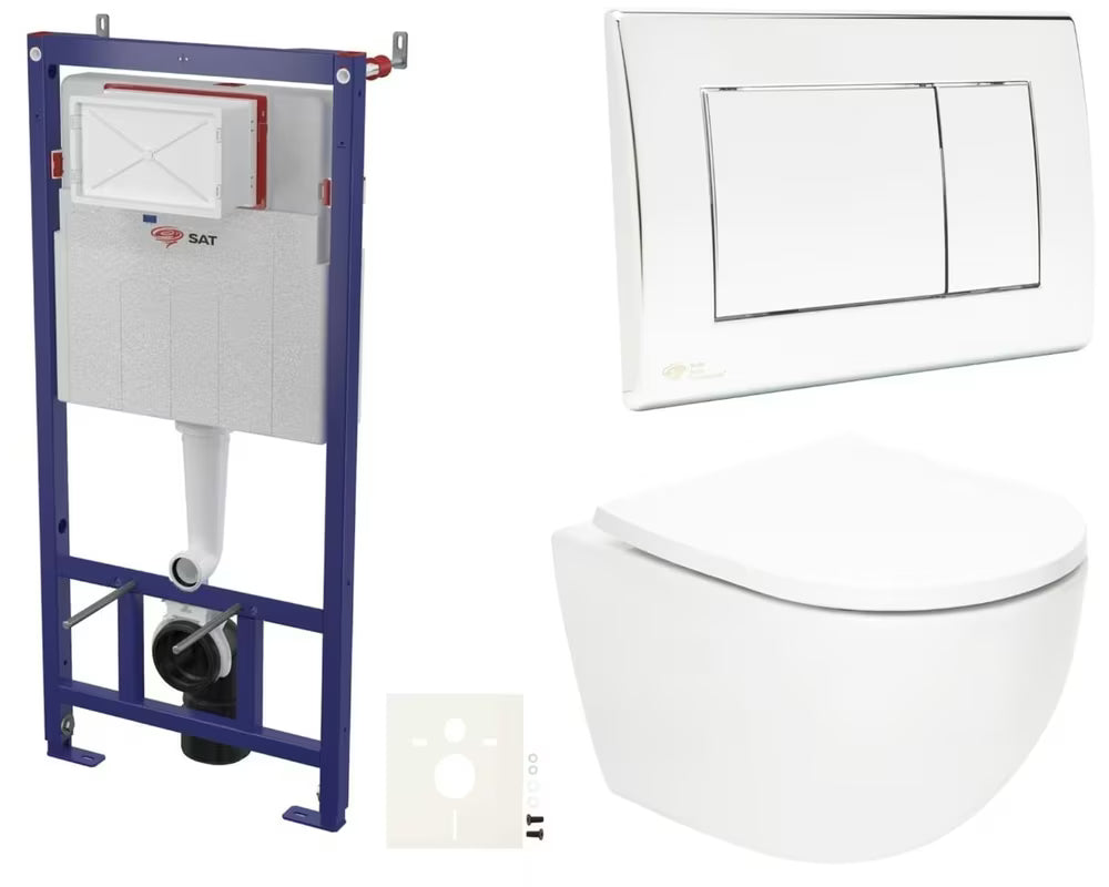 Viseči WC set SAT Fusion z vrtinčnim splakovanjem, splakovalnikom, tipkalom in WC školjka WC-desko