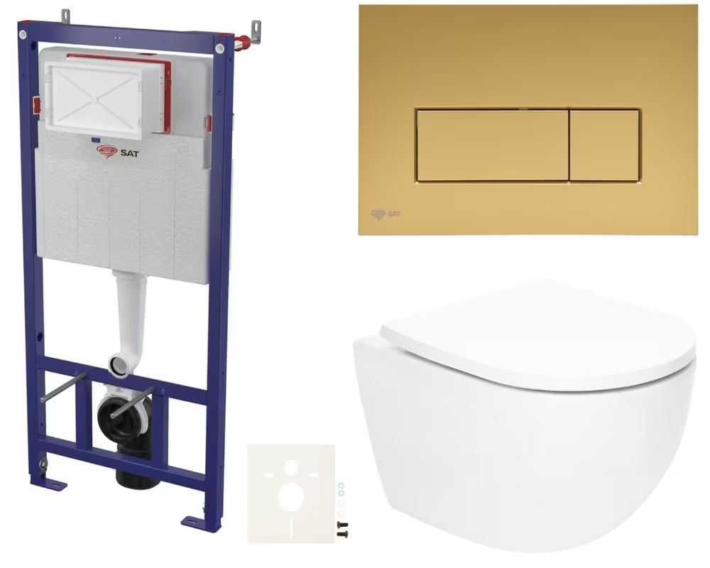 Viseći WC set SAT Fusion s vrtložnim ispiranjem, vodokotlićem, tipkom za ispiranje gold mat i daskom
