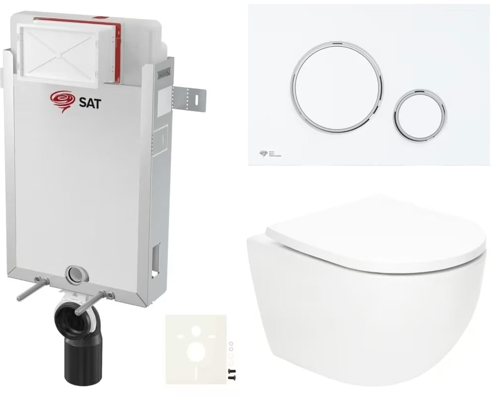 Závěsný WC set SAT Fusion s vírovým splachováním, modulem k zazdění, nádržkou a tlačítkem bílá mat