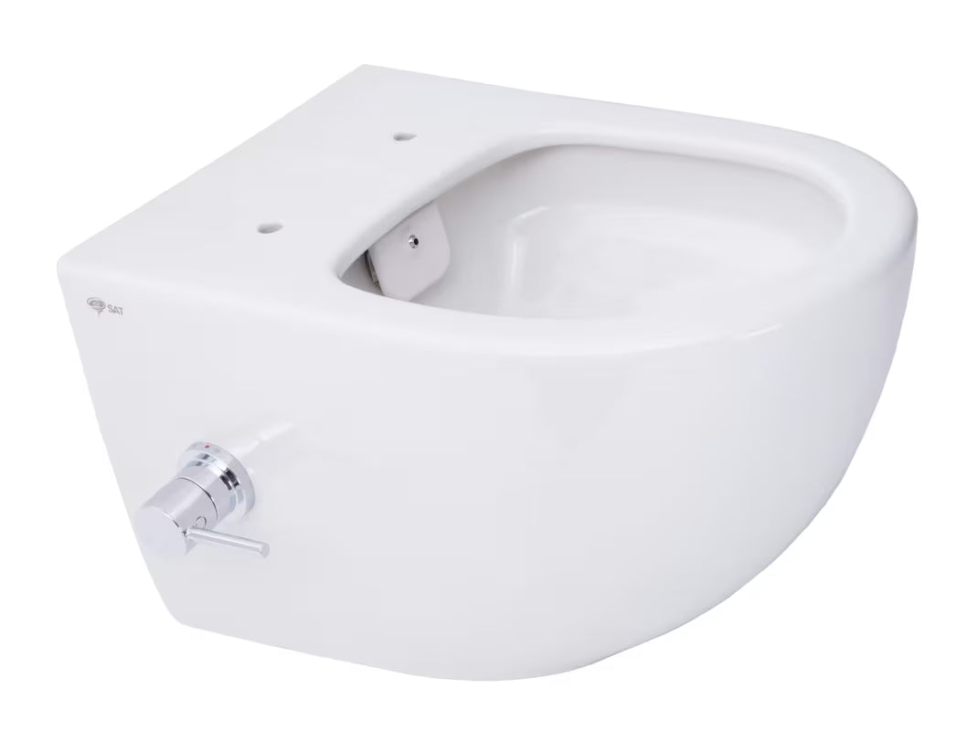 Bílé závěsné WC SAT Infinitio s integrovanou bidetovací funkcí, bočním ovládáním a sedátkem SoftClose.