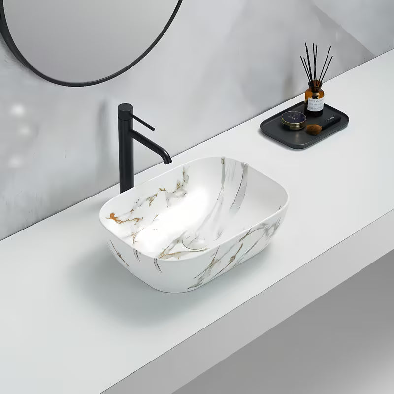 SAT Infinitio umyvadlo na desku bez přepadu v matné bílé s mramorovým designem, 45,5x32,5 cm