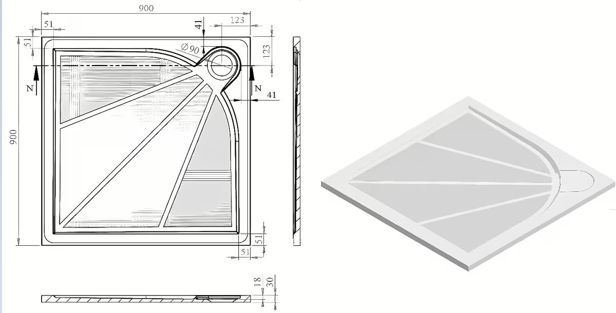 Bílá čtvercová sprchová vanička SAT Limcc 90x90 cm z litého mramoru s krytým rohovým odpadem