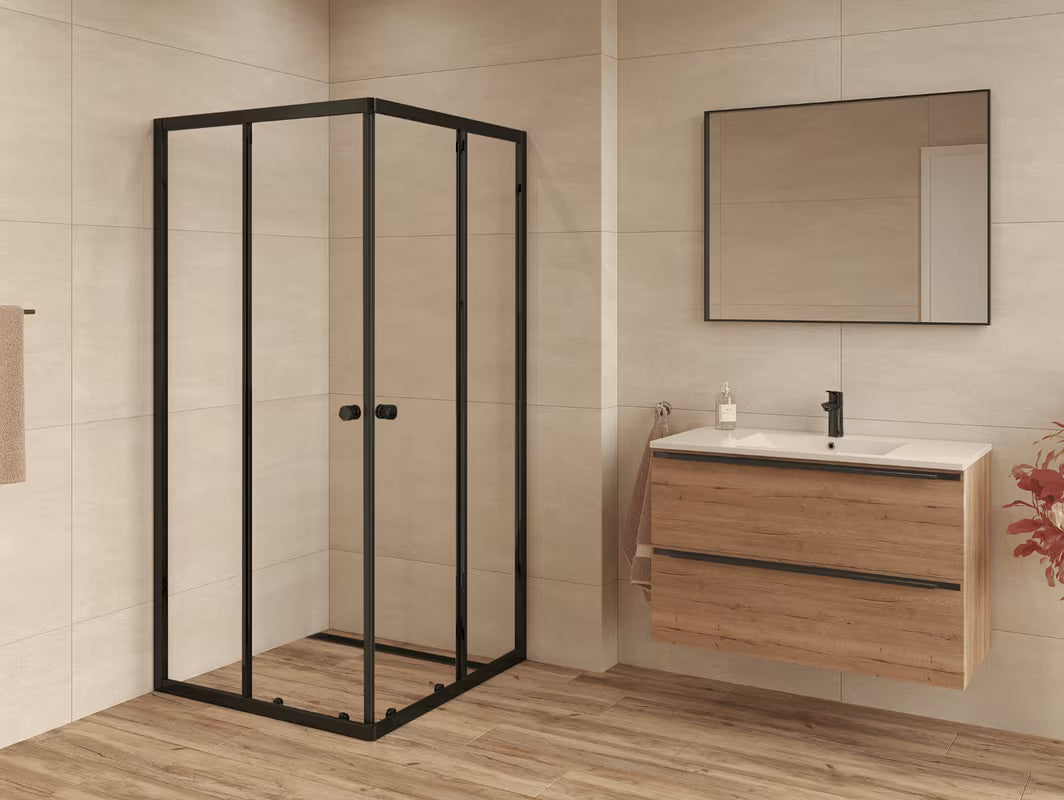 Čtvercový posuvný sprchový kout SAT Project 90x90 cm s černými profily a čirým sklem