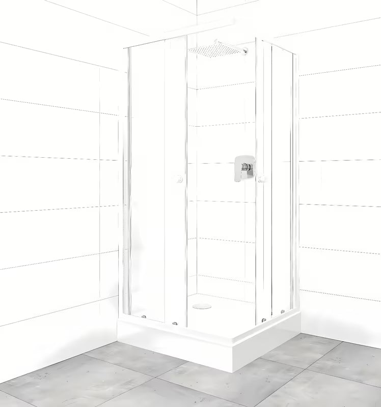 Čtvercový sprchový kout SAT Project 90x90 cm s bílými profily, posuvnými dveřmi a vaničkou