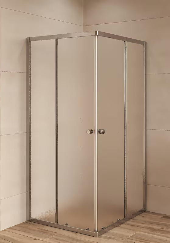 Kvadratna tuš kabina SAT Project 90x90 cm z drsnimi vrati, v sijajnem kromu in z neprosojnim steklom chinchilla.