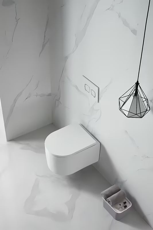 Bílé závěsné WC SAT s bezokrajovým splachováním Rimless a sedátkem SoftClose.