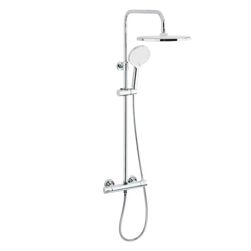 Sprchový systém SAT Chrome s termostatickou baterií, hlavovou sprchou 25 cm a ruční sprchou se třemi proudy.