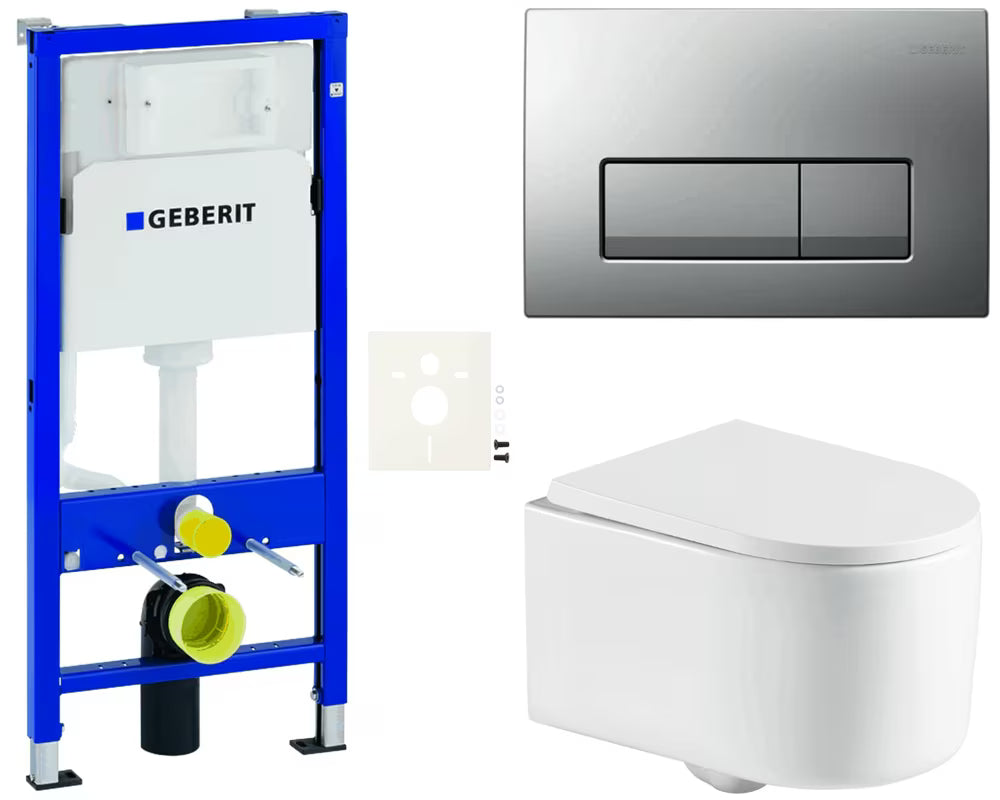 Závěsný WC set SAT s modulem Geberit Duofix, nádržkou, tlačítkem Delta a duroplastovým sedátkem.