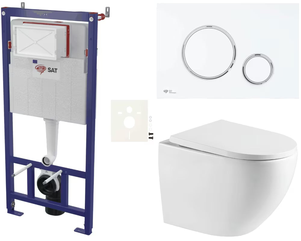 Závěsný WC set SAT s podomítkovým modulem, úsporným splachováním a bílým matným ovládacím tlačítkem.