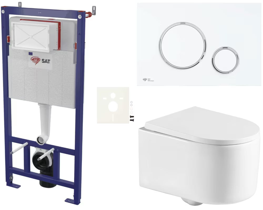 Závěsný WC set SAT pro předstěnovou montáž s tlačítkem v bílé mat a sedátkem SoftClose