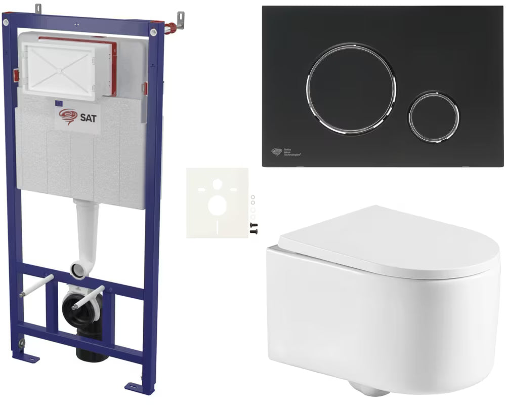 Závěsný WC set SAT s WC bez splachovacího okruhu, předstěnovým modulem, nádržkou a černým matným tlačítkem
