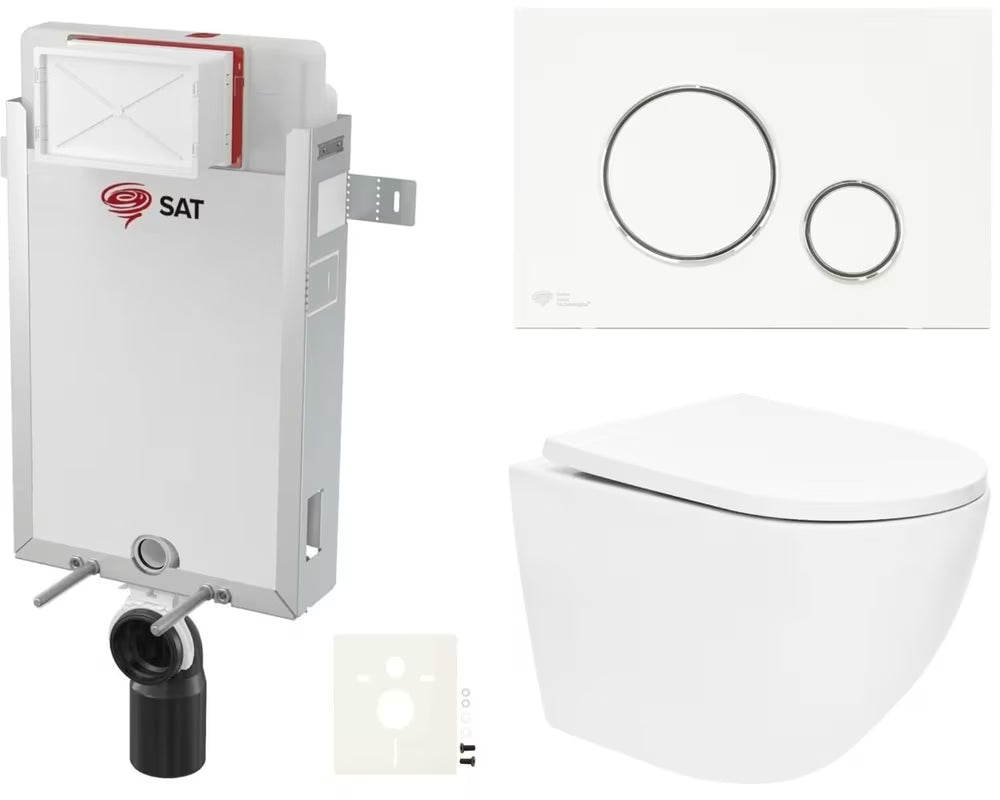 Viseći WC set SAT Fusion s vrtložnim ispiranjem, ugradbenim modulom, vodokotlićem, bijelom tipkom i sjedalom