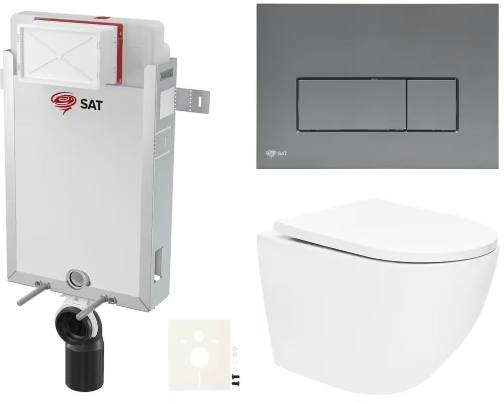 Závěsný WC set SAT Fusion s vírovým splachováním a ovládacím tlačítkem v barvě gun metal mat.
