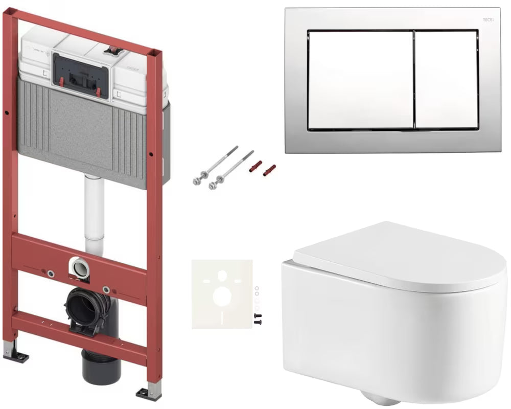 Závěsný WC set SAT pro lehké stěny s modulem, nádržkou TECEbase, ovládacím tlačítkem a sedátkem SoftClose.