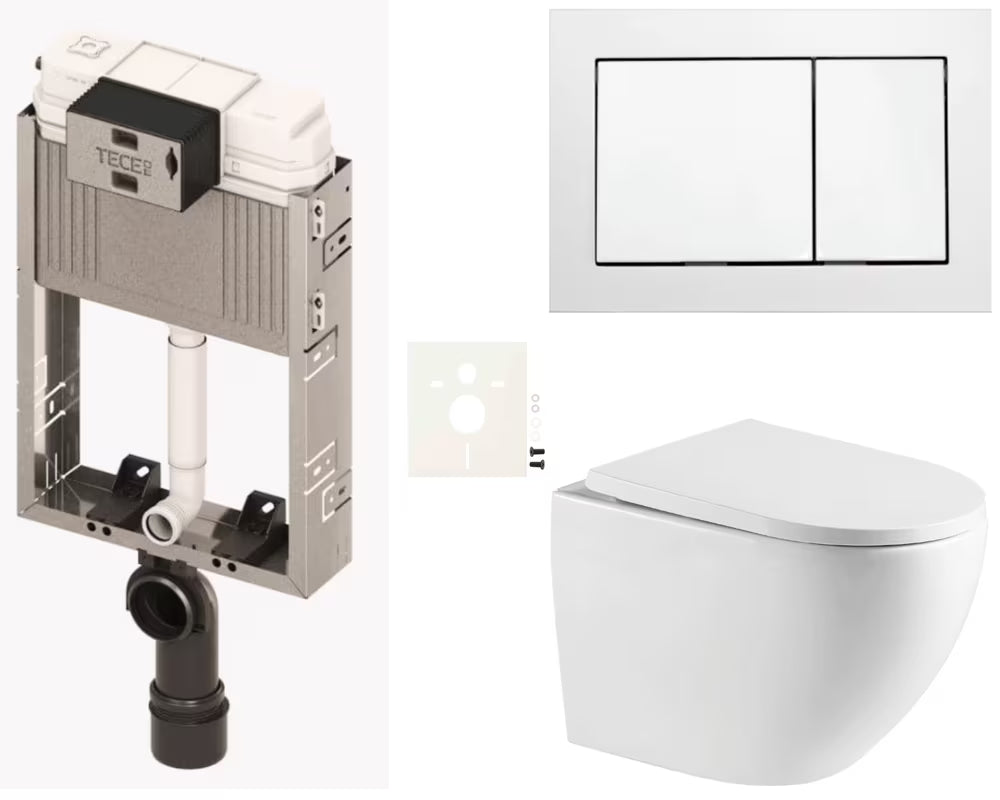 Viseči WC set SAT Fusion za vgradnjo z vrtinčnim splakovanjem, splakovalnikom TECE in tipkalom TECE base