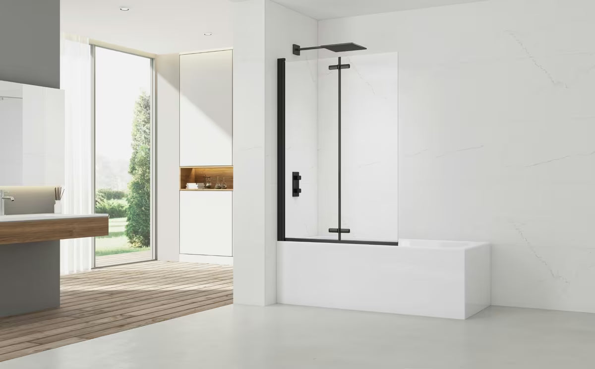 Černá vanová zástěna SAT SK 150x105 cm s čirým sklem a zalamovacím otevíráním