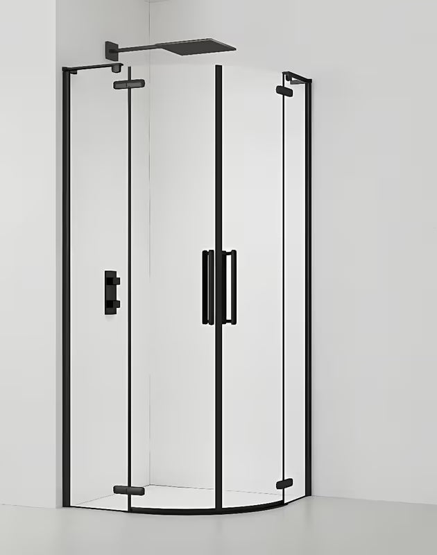 Čtvrtkruhový sprchový kout SAT TGD New 90x90 cm v černé matné s transparentním sklem a pantovými dveřmi.