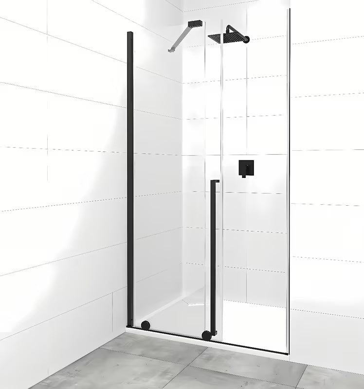 Posuvné sprchové dveře SAT Xmotion 110 cm v černé barvě s čirým sklem v bezrámovém provedení.