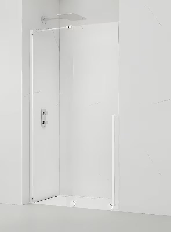 Sprchové dveře SAT Xmotion Walk-In 140 cm v bílé barvě s čirým sklem a posuvným otevíráním