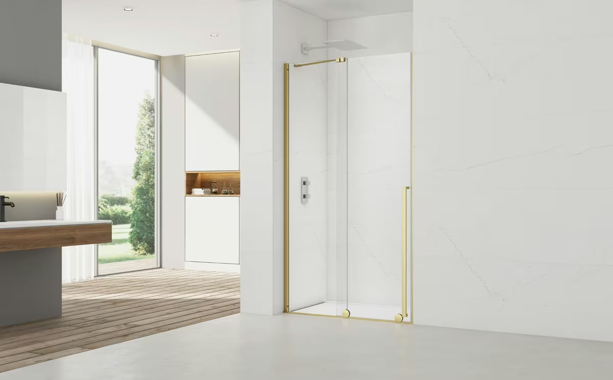 Sprchové dveře SAT Walk-In Xmotion 140 cm se zlatým lesklým profilem a čirým sklem