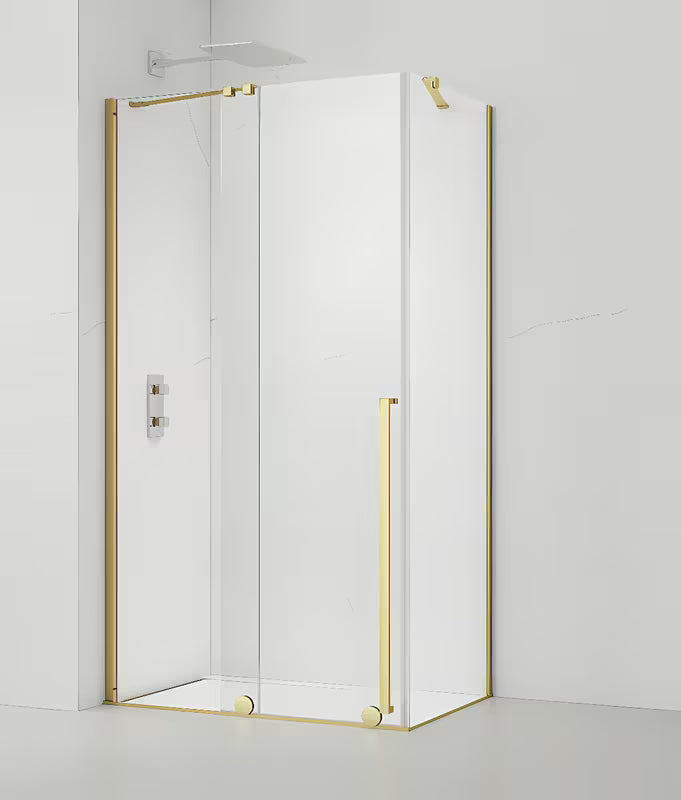 Sprchový kout SAT Xmotion 140x80 cm s čirým sklem a zlatým lesklým profilem, posuvné provedení.