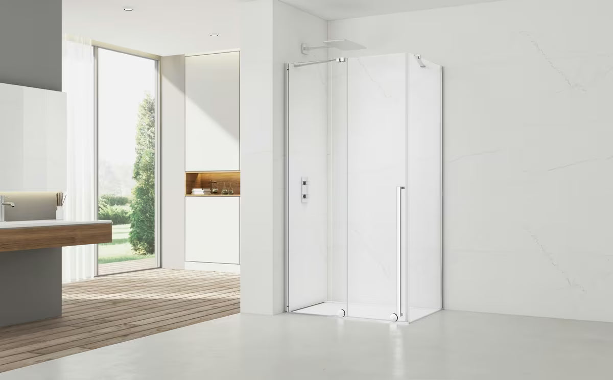 Tuš kabina SAT Xmotion 140x90 cm s prozornim steklom, drsnim sistemom in kromirano izvedbo
