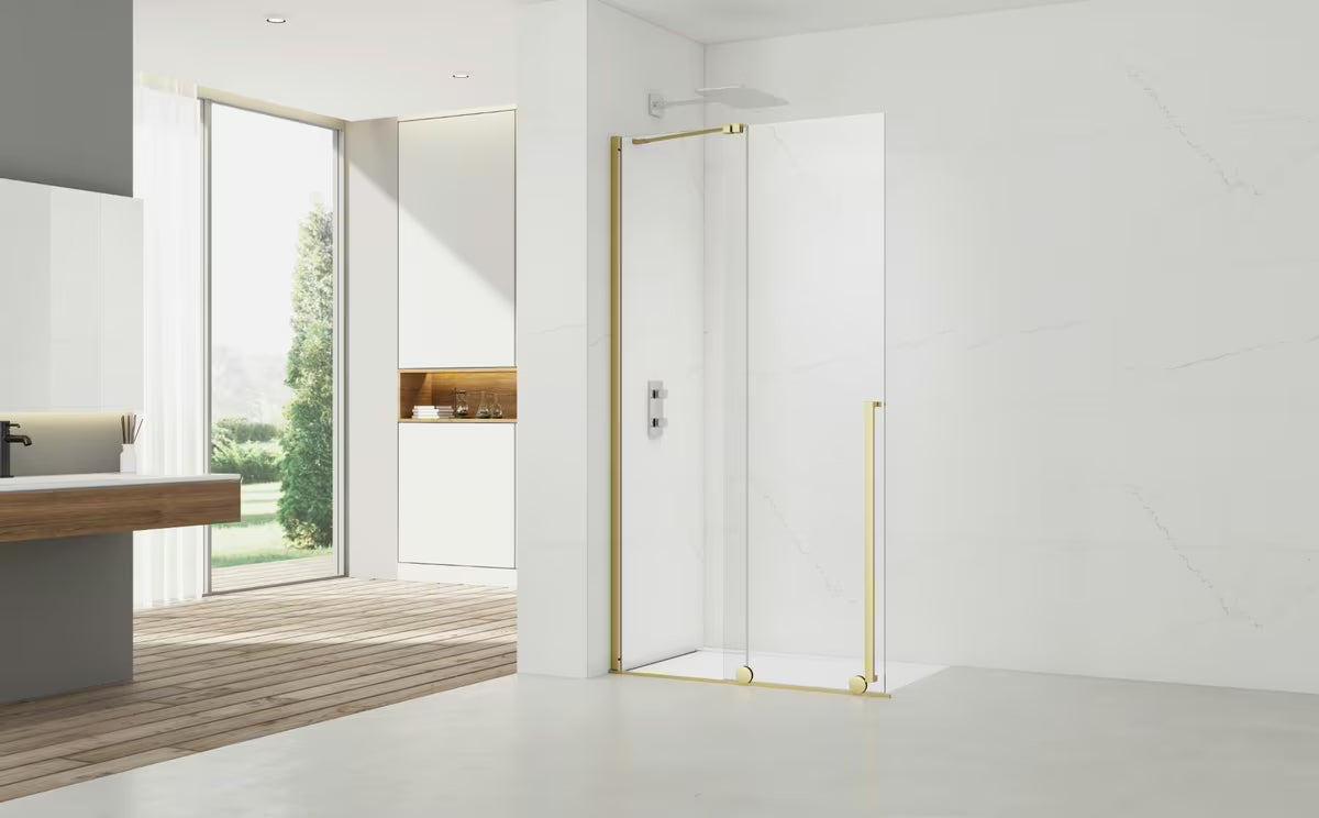 Sprchová zástěna Walk-In SAT Walk-In Xmotion 140 cm s čirým sklem a zlatými lesklými profily