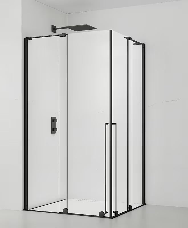 Pravokotna tuš kabina SAT Xmotion 120 x 100 cm v črni izvedbi s prozornim steklom in drsnimi vrati.