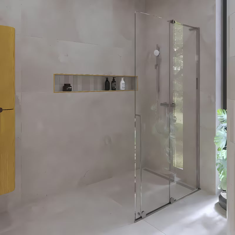 Sprchová zástěna SAT Walk-In Xmotion Walk-In 140 cm v lesklém chromu s čirým sklem a posuvným systémem.