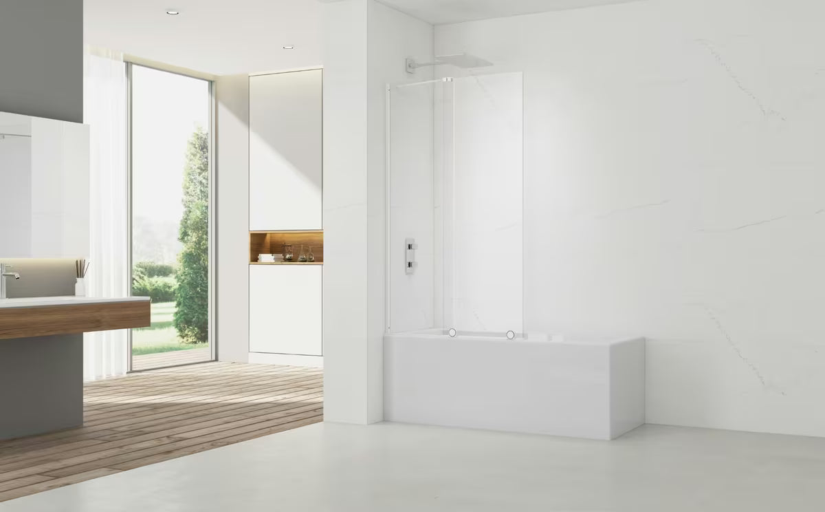 Vanová zástěna SAT Walk-In Xmotion 150 cm s transparentním sklem a bílými profily