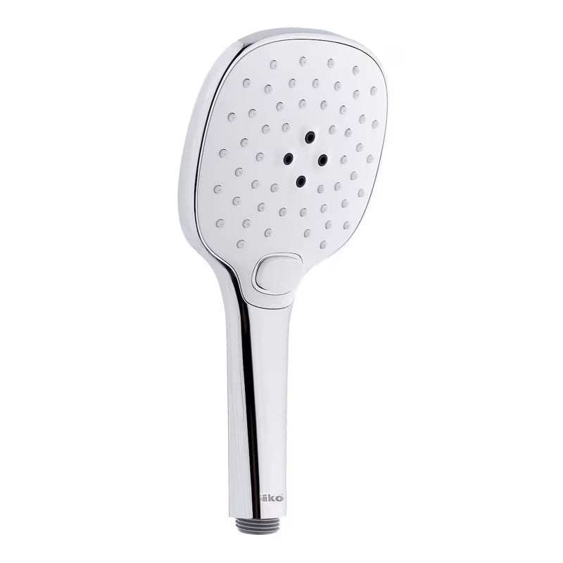 Bílá ruční sprcha SIKO s chromem, průměr 12 cm, se 3 proudy a tlačítkem pro přepínání.
