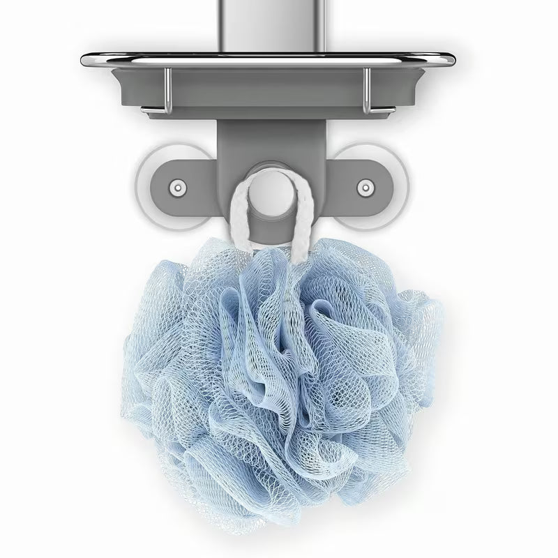 Sprchová polička Simplehuman Shower caddy z nerezových materiálů s posuvnými policemi a přísavkami pro stabilní uchycení.