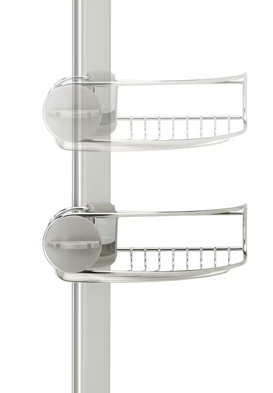 Nastavitelná sprchová tyč Simplehuman Shower caddy s drátěnými poličkami do rohu v nerezovém provedení.